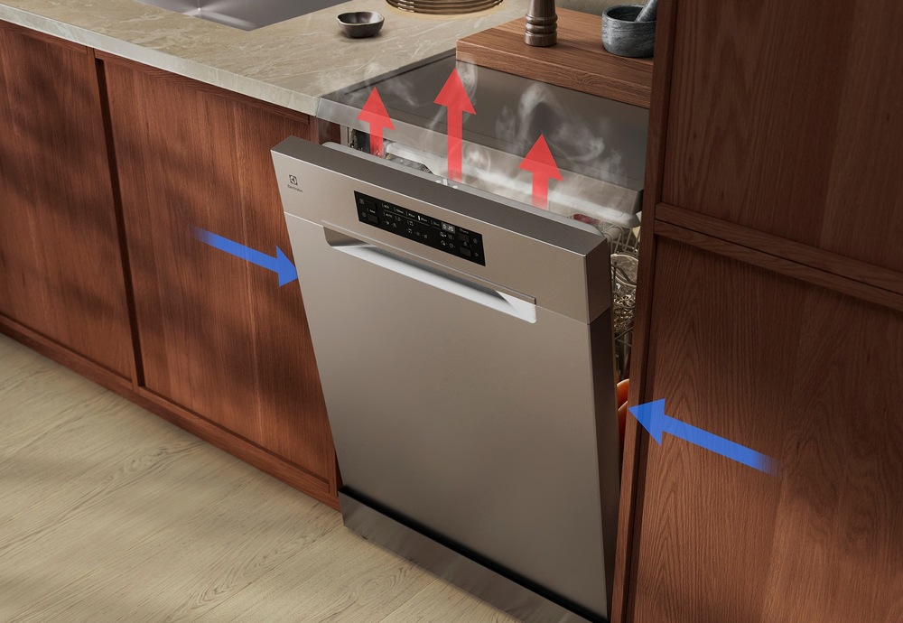 Umývačka riadu Electrolux Série 600 E62SD100SX nerez Pootvorená umývačka Electrolux. Šípky znázorňujúc stúpajúcu paru a funkciu sušenia AirDry.