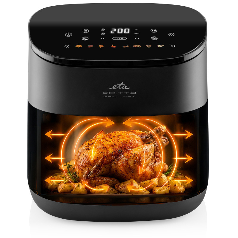 Fritéza teplovzdušná ETA Fritta Grill Max 6167 90000 čierna Detail pečenia celého kurčaťa vo fritéze ETA Fritta s grafickým znázornením 360° cirkulácie horúceho vzduchu.
