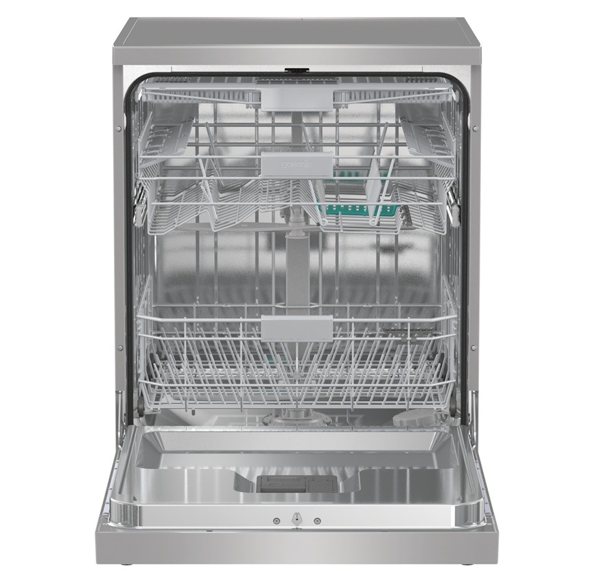 Na obrázku je pootvorená umývačka Gorenje EWW2117366. Vnútri sa nachádzajú 2 priestranné koše a 1 príborová zásuvka