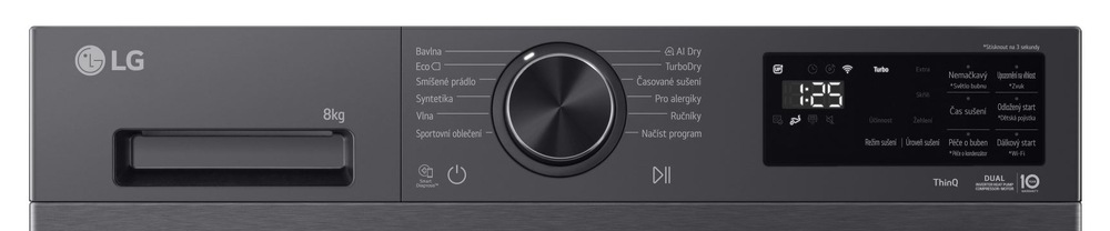 Sušička bielizne LG RHX5008TBB čierna ovládací panel sušičky LG RHX5008TBB v čiernej farbe. Je nastaviteľný čas 1:25