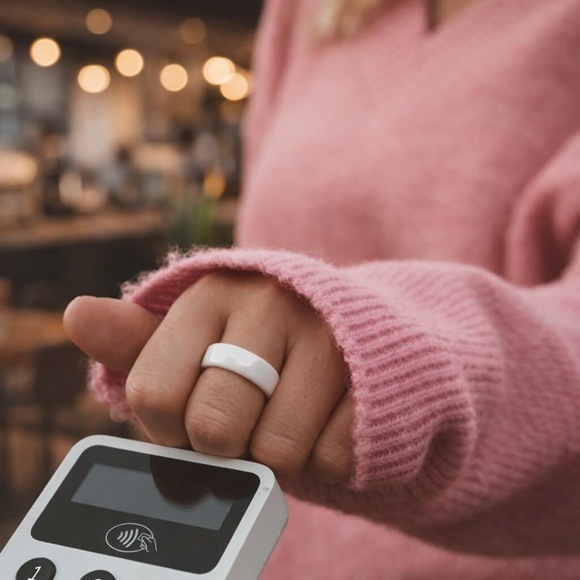 Platobný prsteň Carneo Pay Ring velikost 7 (17,50 mm) biely Žena prikladá prsteň k platobnému terminálu.