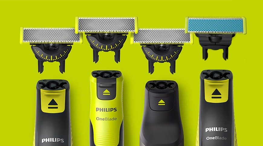 Náhradné hlavice Philips OneBlade QP945/50 zobrazené s rôznymi modelmi strojčekov OneBlade, ukážka kompatibility s viacerými zariadeniami Philips.