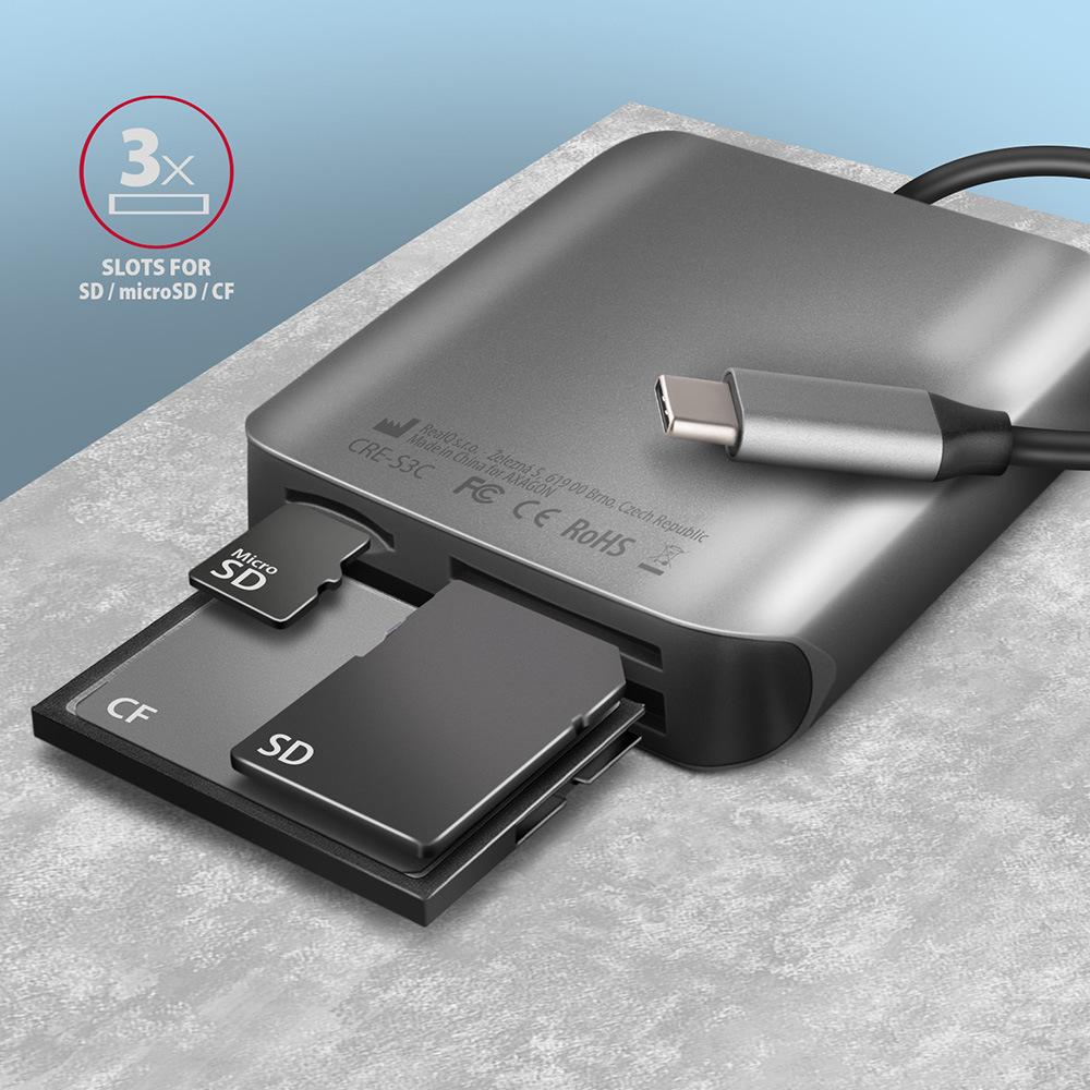 Čítačka pamäťových kariet Axagon Card Reader USB-C 3.2 Gen 1, 3-slot & lun SD/microSD/CF, UHS-II strieborná AXAGON CRE-S3C ponúka hneď tri sloty
