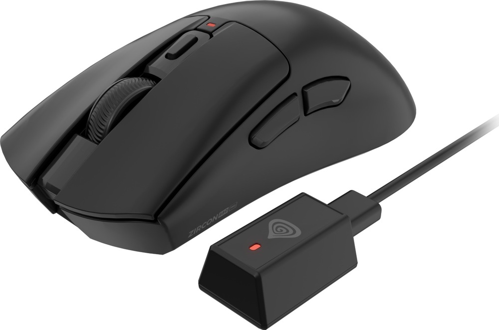 Myš Genesis Zircon 880 PRO čierna Čierna herná myš Genesis Zircon 880 PRO z bočného pohľadu s dvoma tlačidlami pri palci. Vedľa nej je káblovo pripojený bezdrôtový prijímač 8K s červenou kontrolkou.