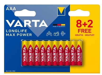 Batéria alkalická Varta Longlife Max Power AAA, LR03, blister 8+2ks