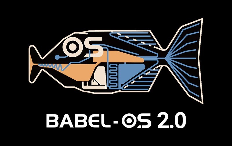 Hlasový prekladač Timekettle W4 AI modrý Ilustrácie štylizované ryby s digitálnymi prvkami a elektronikou symbolizujúcou modernú technologickú platformu Babel OS 2.0.