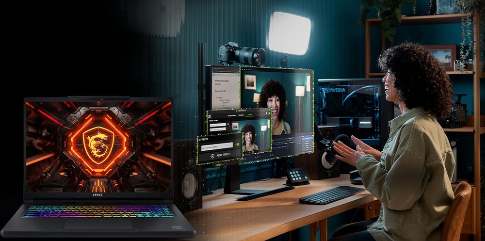 Notebook MSI Crosshair 16 Max HX E2WGXK-056CZ čierny Vedľa otvoreného notebooku s farebne podsvietenou klávesnicou sedí žena pred niekoľkými monitormi a kamerou a vytvára videozáznam