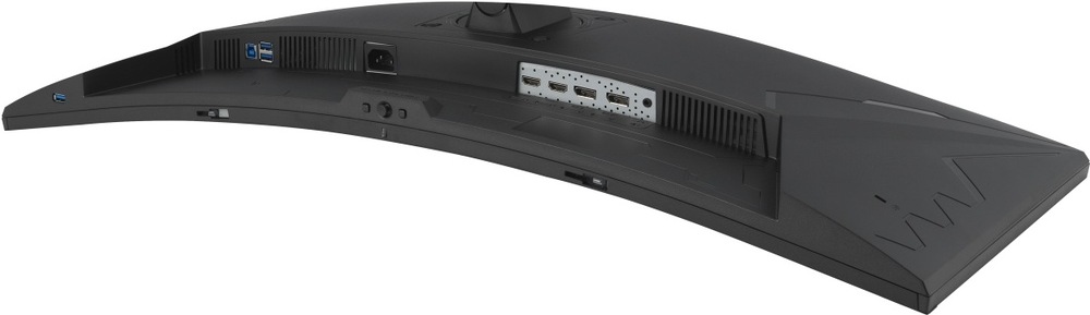 Herný monitor Asus TUF Gaming VG34WQML5A čierny Na obrázku je zadná strana prehnutého herného monitora Asus TUF Gaming VG34WQML5A. Dobre je vidieť široké zakrivené telo monitora, čierny zadný kryt s hranatými hernými prvkami a niekoľko vetracích mriežok. V stredovej časti sú zapustené konektory na pripojenie obrazu a príslušenstva, po stranách sú vidieť aj USB porty a napájací vstup. Snímka ukazuje praktické rozloženie konektorov a zadnú konštrukciu monitora.