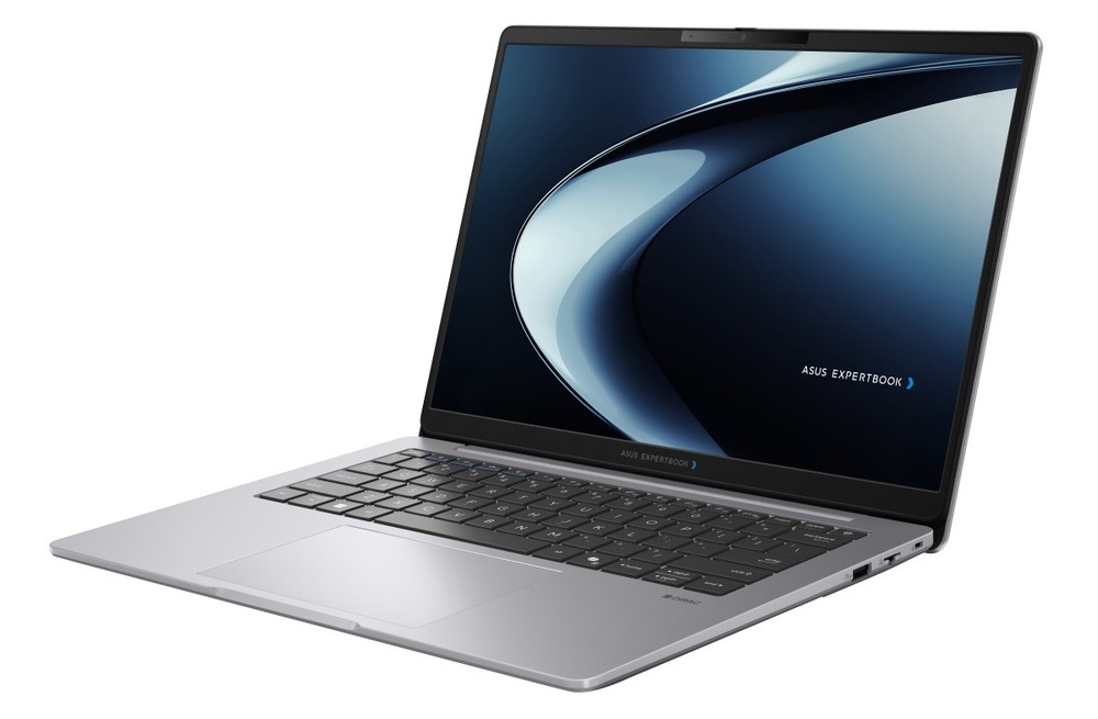 Notebook Asus ExpertBook P3 G2 sivý Otvorený a zapnutý notebook Asus ExpertBook P3 natočený doľava