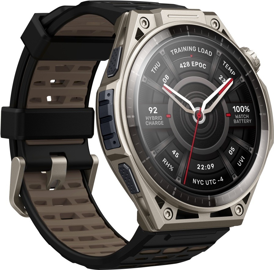 Inteligentné hodinky Amazfit Balance Ultra + silikónový remienok Titanium Pohľad šikmo zo strany na chytré hodinky Amazfit s titánovou konštrukciou