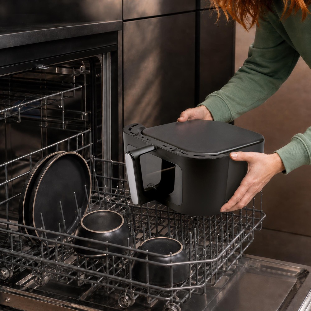 Fritéza teplovzdušná Braun MultiFry 7 HF7076BK čierna Žena dáva nádobu fritézy Braun Multifry 7 HF7076BK do umývačky riadu