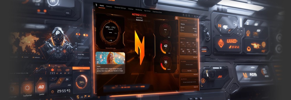 Futuristický prístrojový panel so žiarivo oranžovým a čiernym rozhraním, na ktorom sú zobrazené digitálne meracie prístroje, mapa sveta a technické symboly.