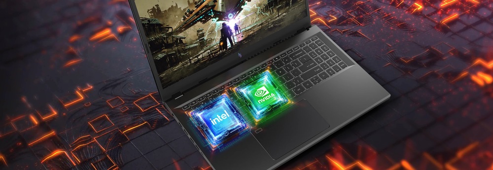 Na obrazovke notebooku sa zobrazuje scéna zo sci-fi hry. V oblasti klávesnice sú zvýraznené logá Intel a NVIDIA, ktoré symbolizujú výkon a vysokú výkonnosť.