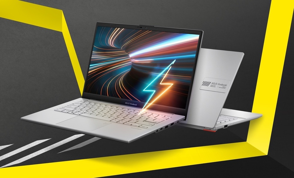 Notebook ASUS Vivobook Go 14 vo svetlej farbe s grafickým motívom rýchleho nabíjania na displeji