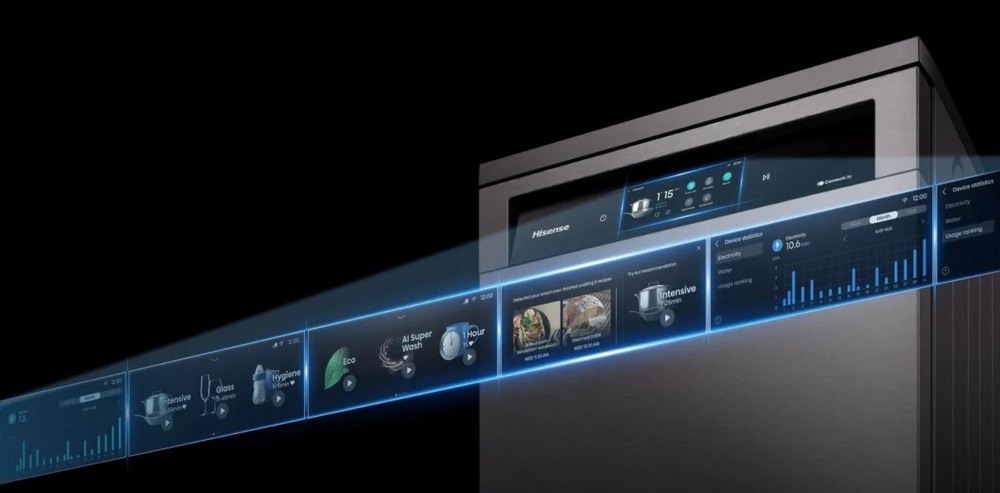 Umývačka riadu Hisense HS693A90ADBX čierna/nerez detail na farebný tft displej umývačky Hisense HS693A90ADBX, panel je rozsvietený.