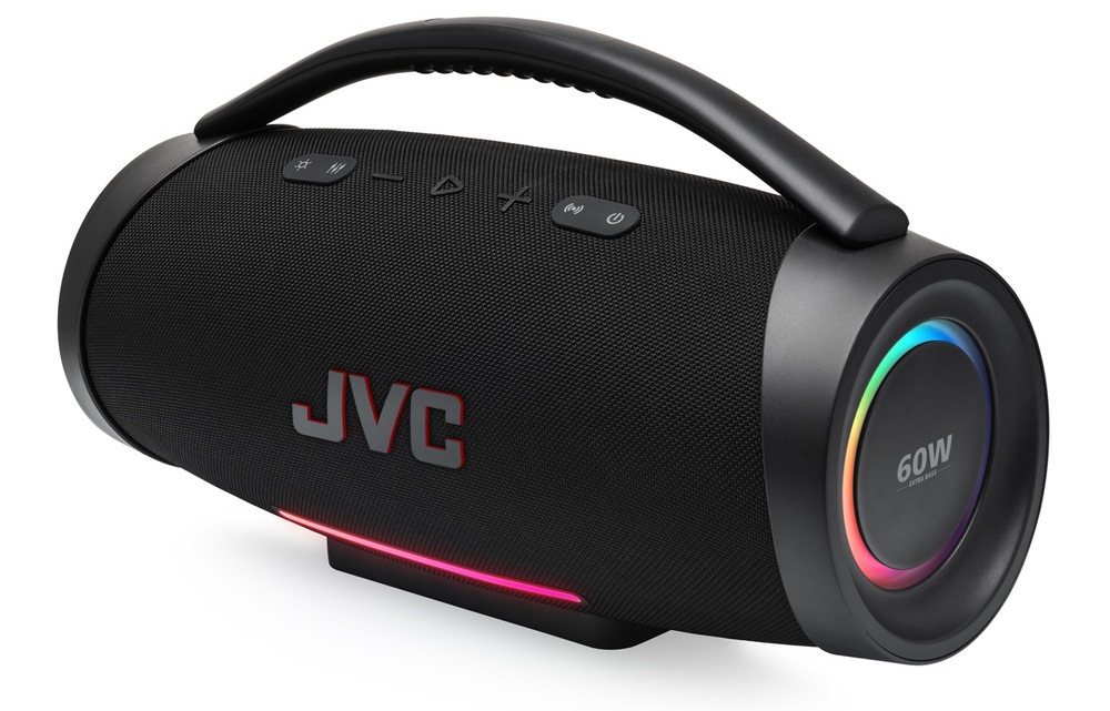 Párty reproduktor JVC XS-E834B s výkonom 60W a LED efektmi po stranách – pohľad z uhla