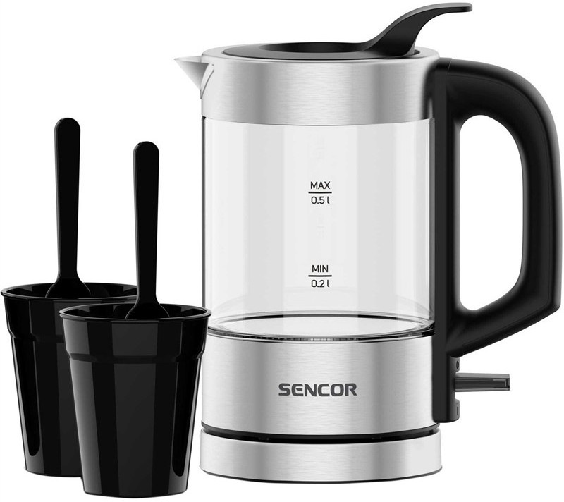 Varná kanvica Sencor SWK 160SS s objemom 0,5 l s dvoma šálkami a lyžičkami