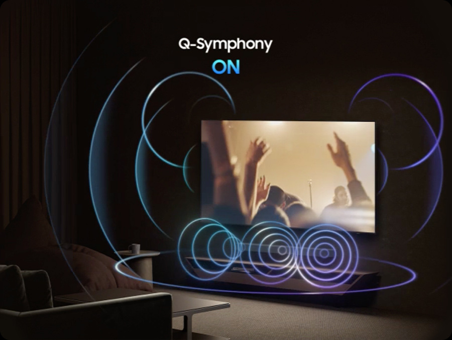 Televízor Samsung 115" Micro RGB MRE115MR95F Technológia Q-Symphony - znázornenie zvuku tiahnuceho sa z televízie