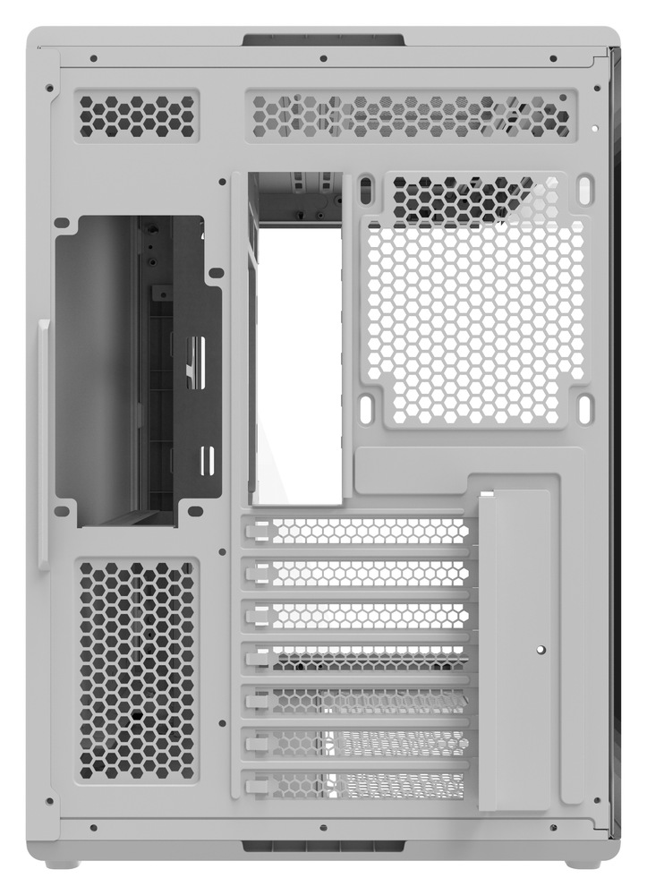Case Cooler Master Elite 600 biela Na fotografii vidíme zadnú perforovanú stenu PC skrine.