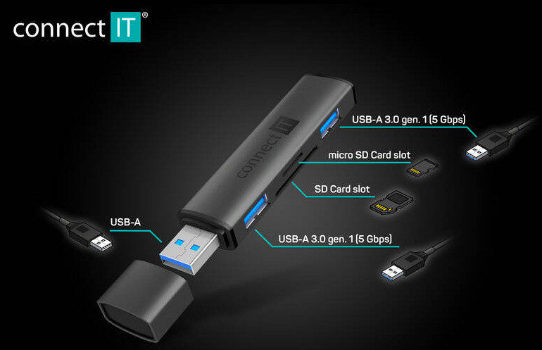 Čítačka pamäťových kariet Connect IT COMPACT 4v1 USB-A hub + čítačka kariet, USB-A/ 2x USB-A 3.0, 1x SD, 1x MicroSD antracitová farba USB Hub Connect IT COMPACT 4v1 USB-A hub + čítačka kariet, USB-A/ 2x USB-A 3.0, 1x SD, 1x MicroSD - antracitová