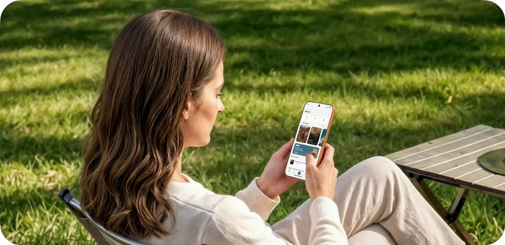 Žena sediaca trávu prechádza obsah na smartfóne HONOR 600 s AI funkciami