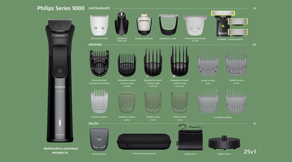 Zastrihávač multifunkčný Philips Series 9000 MG9690/30 + Philips OneBlade na tvár čierny Zastrihávač so všetkými nadstavcami
