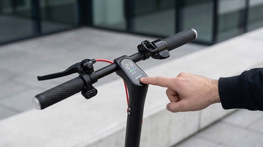 Elektrická kolobežka Sencor SCOOTER S31 čierna Detail riadidiel elektrickej kolobežky Sencor SCOOTER S31 s integrovaným displejom, na ktorý muž práve klepol prstom pre ovládanie funkcií. Displej zobrazuje aktuálnu rýchlosť a ďalšie prevádzkové údaje.