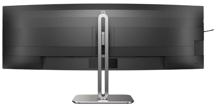 Zadná strana monitora Philips 49B2U5900C s prehnutým panelom a strieborným stojanom