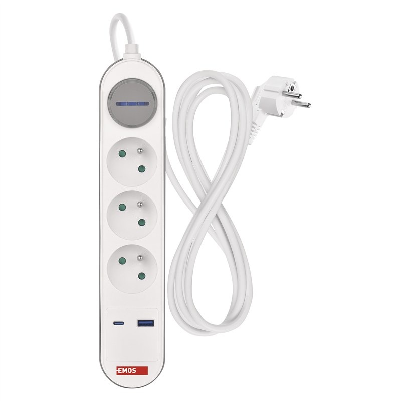 Kábel predlžovací EMOS 3x zásuvka, Fast Charging, 1x USB, 1x USB-C, vypínač, 2 m - šedý/biely