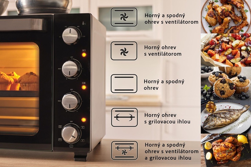 Detail mini rúry Sencor SEO 4800BK s prehľadom režimov pečenia vrátane teplovzdušného ohrevu, grilu a otočného ražňa, doplnený ukážkami pripravovaných jedál ako kurča, zelenina, muffiny a ryba.