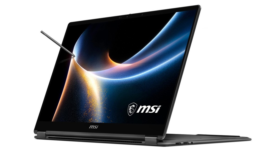 Notebook MSI Prestige 16 Flip AI+ C3MTG-262CZ čierny Notebook MSI Prestige 16 Flip AI+ C3MTG-262CZ v pozícii pre prezentáciu s perom