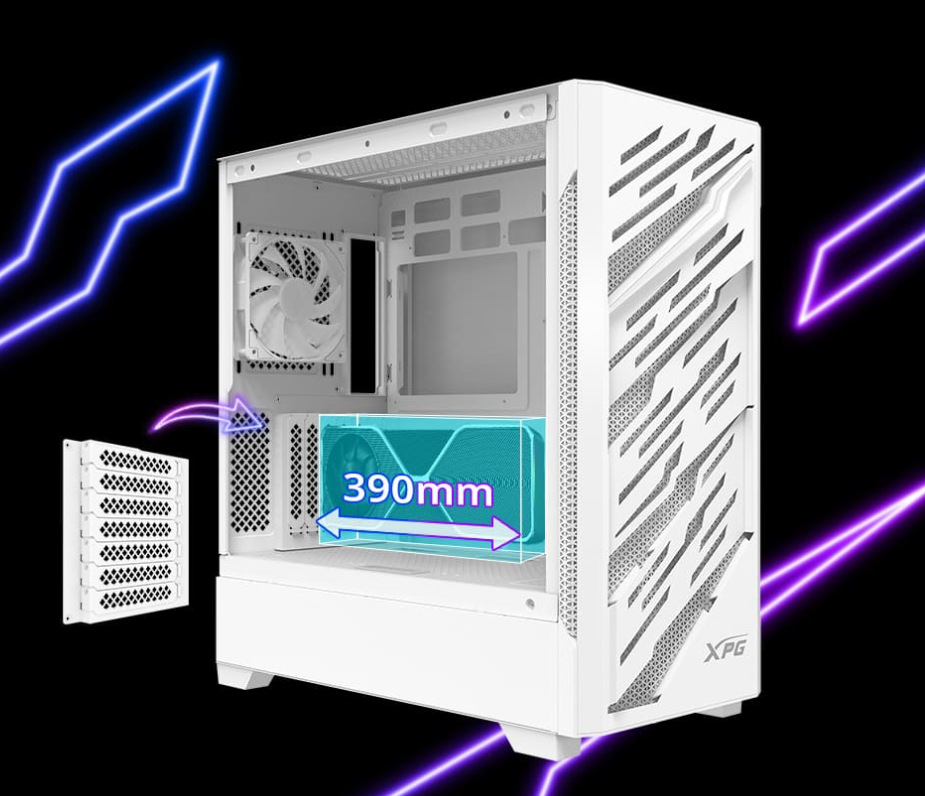 Case ADATA XPG Starker Air BTF biela ADATA XPG Starker Air BTF umožňuje osadiť grafické karty s dĺžkou až 390 mm