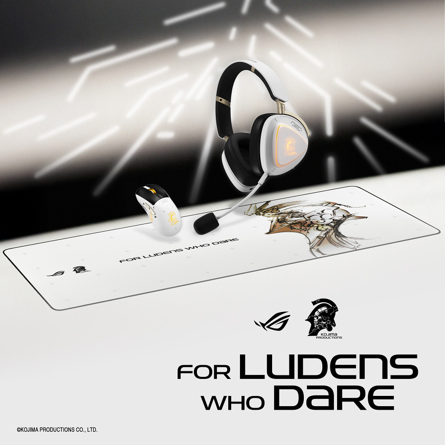 Headset Asus ROG Delta II-KJP biely Herný headset Asus ROG Delta II-KJP položený vedľa hernej myši na podložke s grafikou Kojima Productions