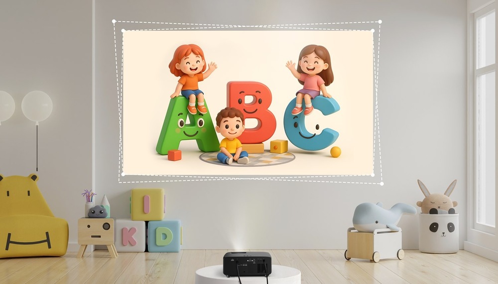 Ilustrácia automatickej korekcie skreslenia v projektore Optoma Photon Beam PK52