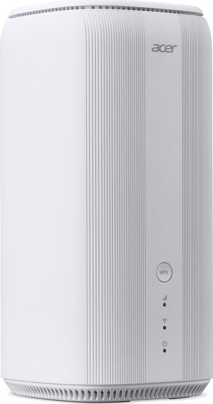 Router Acer Connect X6E 5G CPE Router 5G + Wifi 6E Biely router Acer Connect X6E zo šikmého pohľadu, s oblými hranami, vetracími otvormi, tlačidlom WPS a stavovými kontrolkami vpredu.