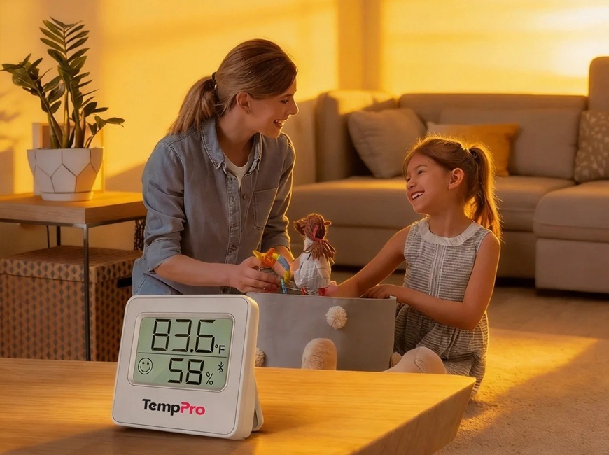 Teplomer ThermoPro TP-357 strieborný/biely Žena si hraje s holčičkou a s panenkami. Na stole stojí teploměr s vlhkoměrem ThermoPro v bílém provedení.
