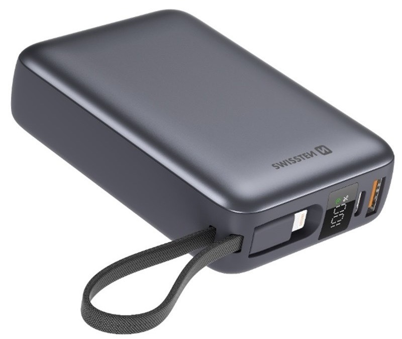 Powerbank Swissten s integrovanými káblami USB-C a Lightning, 20000 mAh strieborný