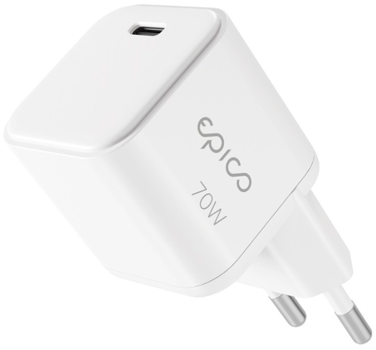 Biely napájací adaptér Epico UltraBoost Micro AVS GaN 70 W s USB-C portom a výkonom 70 W