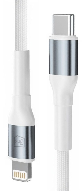 Nabíjací kábel 3mk s konektormi USB-C a Lightning, biela farba