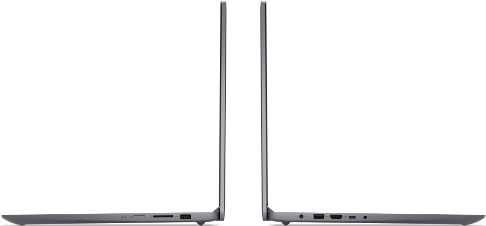 Notebook Lenovo IdeaPad Slim 3 17IWC11 sivý Bočný pohľad na štíhlu konštrukciu notebooku Lenovo a konektory na oboch stranách