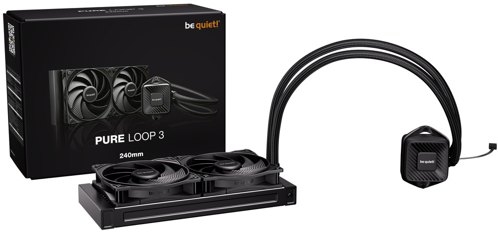 Vodný chladič be quiet! Pure Loop 3 240 čierny Na obrázku je vodný chladič be quiet! Pure Loop 3 240 spolu s jeho balením. Vľavo stojí čierna krabica s logom „be quiet!“ a nápisom PURE LOOP 3 240mm, na nej je vytlačená fotka chladiča. Pred krabicou leží radiátor s dvoma čiernymi ventilátormi vedľa seba. Vpravo je pumpa/blok na procesor – malý čierny štvorec so zaoblenými rohmi a nápisom „be quiet!“, ku ktorému vedú dve dlhé opletené hadice stočené do oblúka. Celá zostava je čierna a pôsobí ako kompletné vodné chladenie pre CPU.