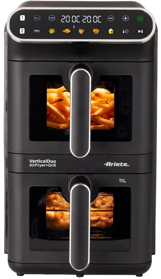 Fritéza teplovzdušná Ariete ART 4640 Air Fryer VerticalDuo, 11 l čierna Fritéza Ariete VerticalDuo, čelný pohľad s hranolkami v hornej a mäsom v dolnej komore.