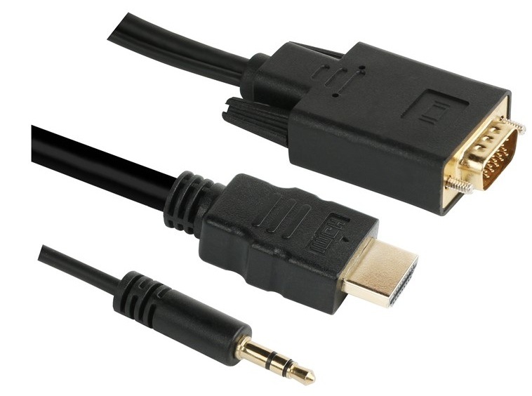 Detail na pozlátené konektory kábla GoGEN HDMI/VGA vr. Jack 3,5 mm