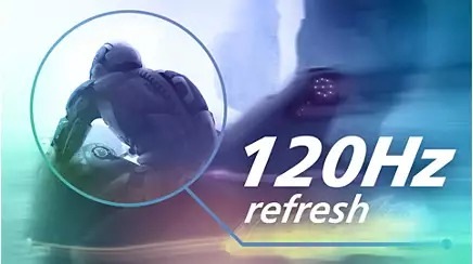 Futuristická postava ide na motorke, zvýraznená efektom kruhovej šošovky. Text „120Hz refresh“ je tučný a vyjadruje rýchlosť a jasnosť.