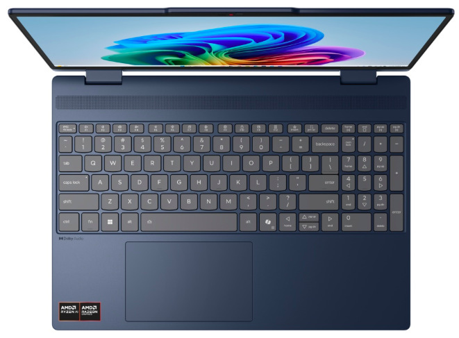 Notebook Lenovo IdeaPad 5 2-in-1 15AHP11 modrý Detail podsvietenej klávesnice s numerickou časťou a viacdotykového touchpadu