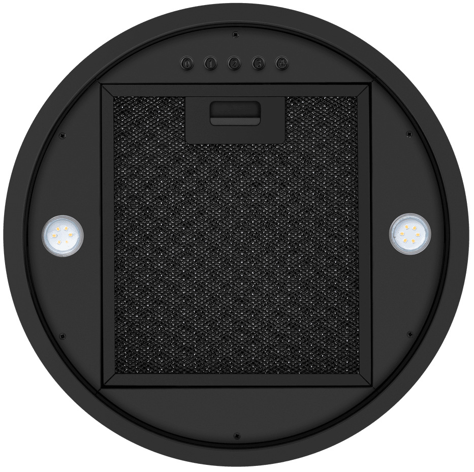 Odsavač par Guzzanti GZ 677B Mini Pohľad zospodu na kruhový tukový filter a bodové LED svietidlá digestora.