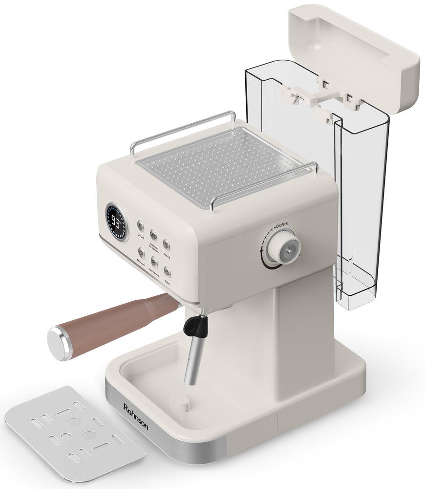Pákový kávovar Rohnson R-98036 Hot & Cold krémový Obrázok znázorňuje, ako sú jednotlivé diely kávovaru Rohnson R-98036 Hot & Cold ľahko odnímateľné a teda aj pohodlne čistiteľné.