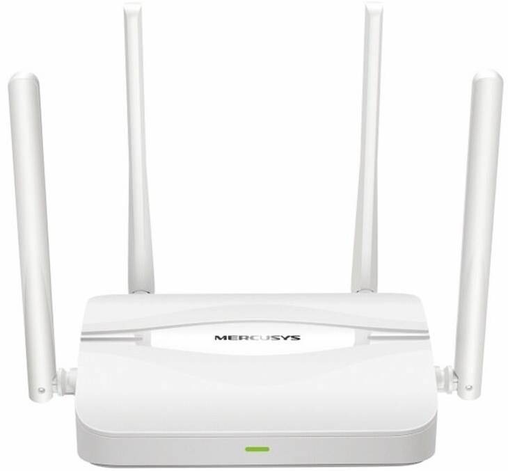 Wi-Fi 7 router Mercusys MR25WBE v bielom prevedení so štyrmi anténami, pohľad spredu na zariadenie