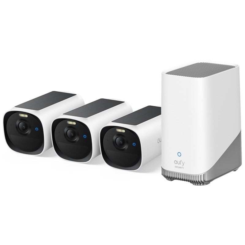 Súprava obsahuje tri IP kamery Anker eufy E40 a centrálnu jednotku HomeBase 3″ width=
