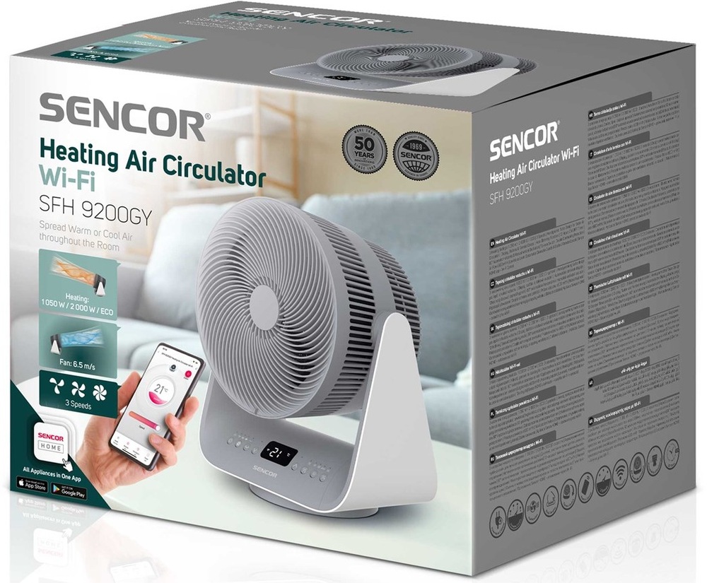 Teplovzdušný ventilátor Sencor SFH 9200GY sivý Škatuľa teplovzdušného cirkulátora Sencor SFH 9200GY Wi-Fi s popisom výkonu 2000 W a ovládania cez aplikáciu.